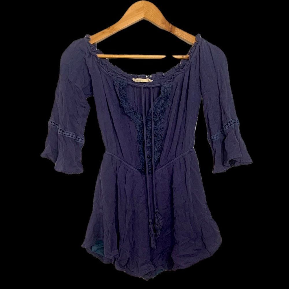 Elegant Unique Celtic Flowy 3/4 Sleeve Navy Blue Romper with Knit Lace Ruffles
